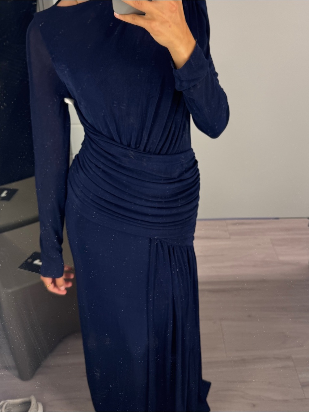 Long Sleeve Navy Ruched Waist Maxi Dress